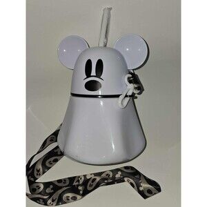 Disney Mickey Mouse Ghost Halloween Plastic Water Bottle With Strap & Straw NEW